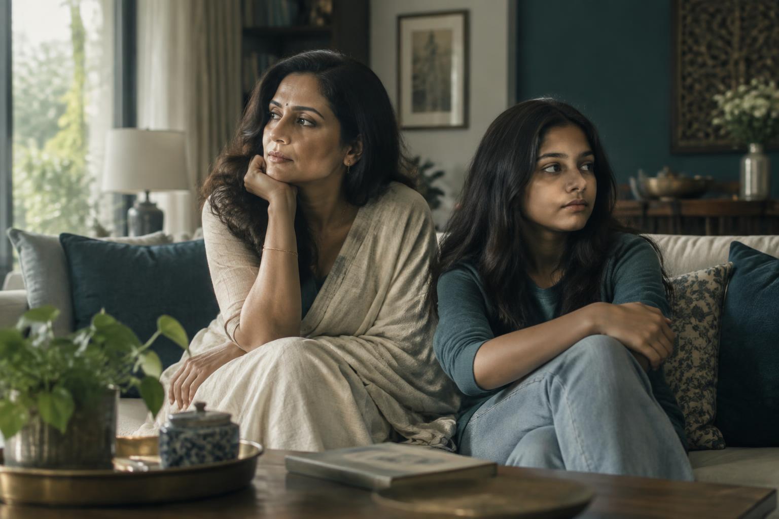 An Indian parent and growing child sharing a quiet moment